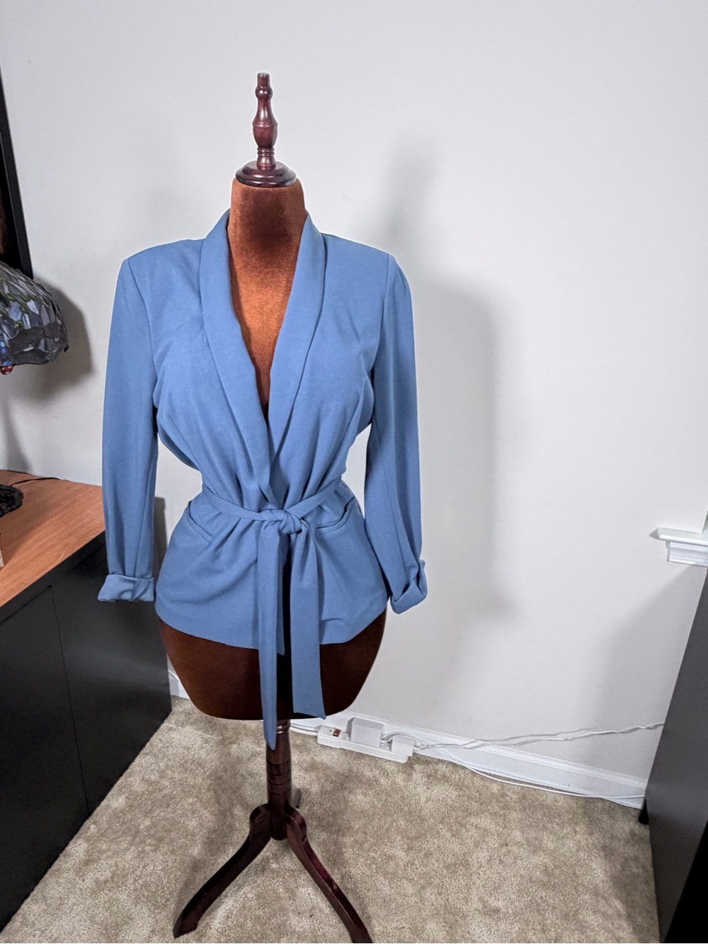 White House Black Market Dusty Blue Tie-Waist Blazer